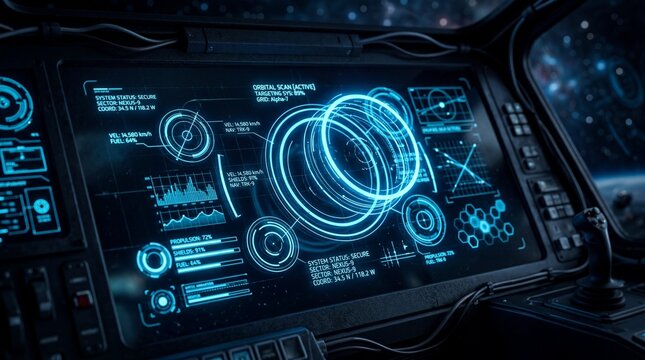 Futuristic Spaceship Cockpit HUD Interface with Digital Data Displays