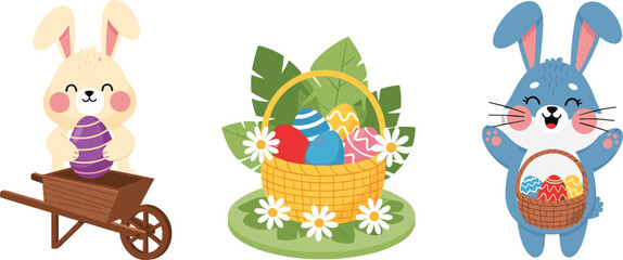 Fototapeta premium Cute easter bunny characters vector set with eggs basket flowers and spring elements cartoon collection for holiday design kids illustrations and festive decoration