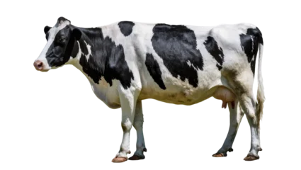 Fotobehang Koe Holstein cow with distinctive black and white markings standing gracefully and looking to the left, isolated on transparent background for farm designs  © Agata