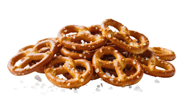 Pile of golden brown baked pretzel twists generously sprinkled with coarse sea salt, isolated on transparent background for snack promotions