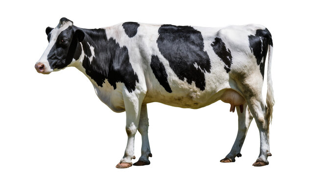 Holstein cow with distinctive black and white markings standing gracefully and looking to the left, isolated on transparent background for farm designs