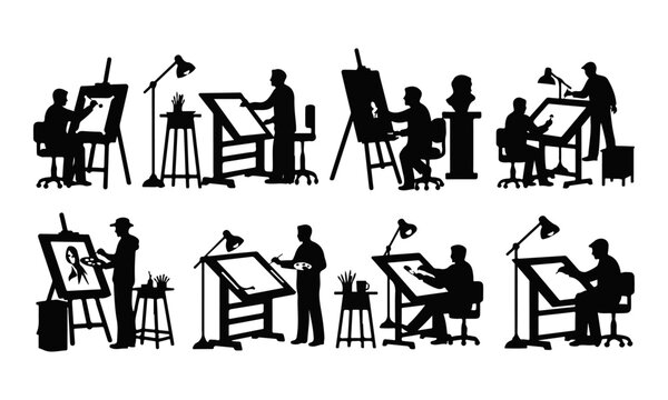 Vector Silhouette Set of Artists Working, Painting, and Drawing at Easels and Drafting Tables