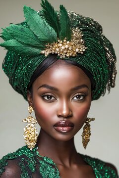 A woman wearing a green turban with gold accents and feathers