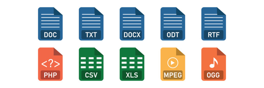 File extension icon set of document spreadsheet and multimedia formats including doc txt  vector illustration.