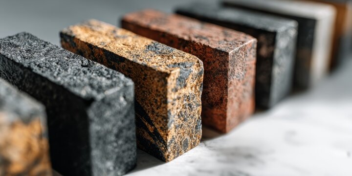 Granite brick samples displayed on marble surface for construction, architecture, and interior design inspiration