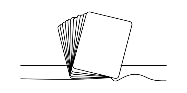 A single continuous line drawing of a stack of blank playing cards arranged in a fan formation Vector, illustration