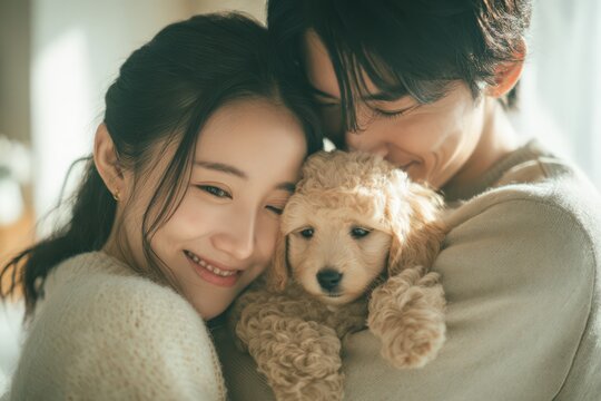カップルと子犬が抱き合う様子