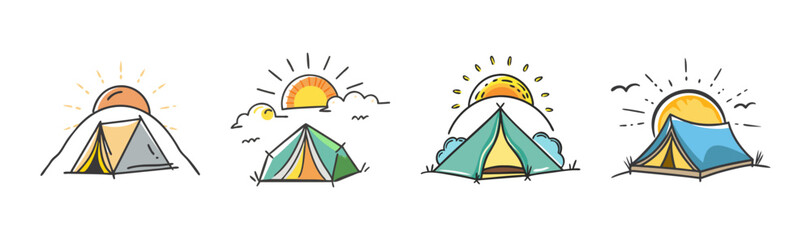 Hand-drawn camping tent icons with sun and clouds, colorful doodle outdoor adventure illustrations, set of 4 camping svg graphics for travel © SulaimanIslam