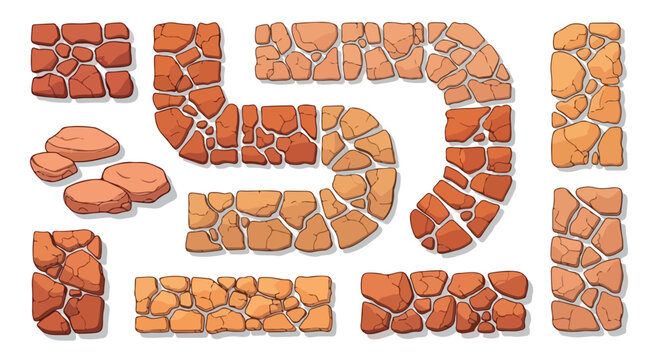 Cartoon stone path vector set, orange cobblestone walkway elements, medieval rock pavement tiles for game design and landscape illustration isolated PNG with Transparent Background