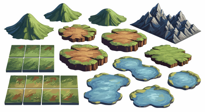 Isometric game map tiles, 14 landscape environment elements, stylized 2D vector terrain assets for world building and level design isolated PNG with Transparent Background