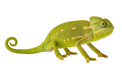 Fototapeta premium Vibrant green chameleon with yellow spots and a curled tail, gracefully posed isolated on transparent background for nature designs and wildlife themes