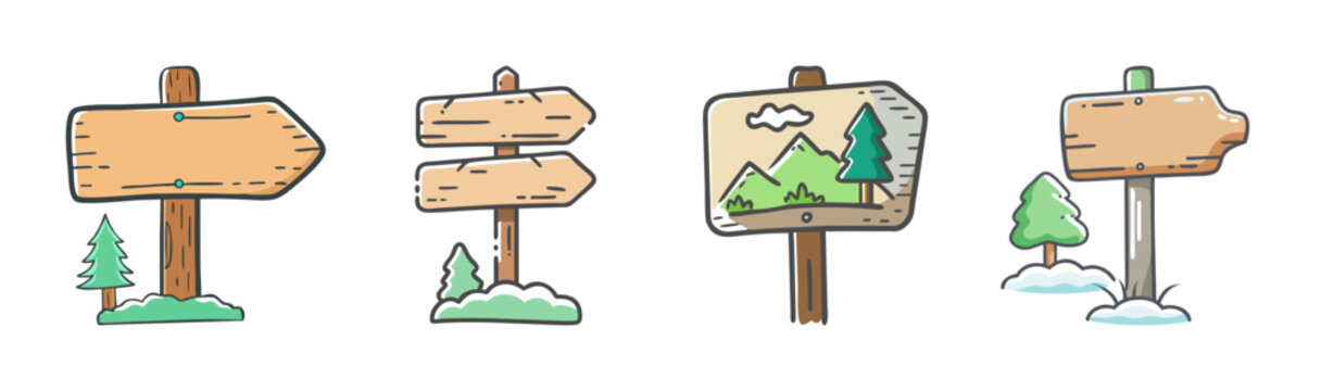 Rustic wooden directional signs set, hand drawn timber signposts with pine trees and mountains, 4 outdoor camping trail markers in SVG format