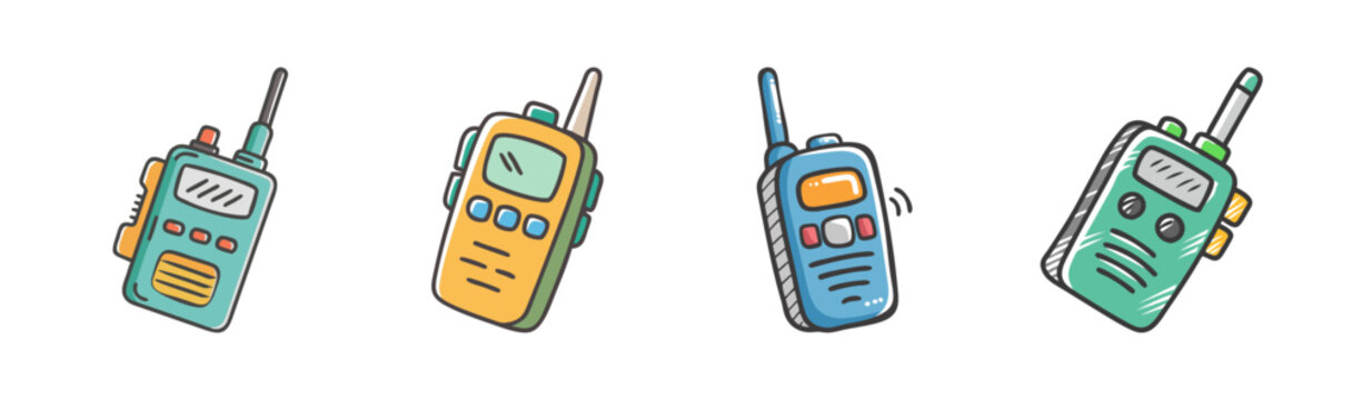 Hand drawn walkie talkie icons set, colorful portable radio transceiver illustrations, 4 cartoon communication devices in SVG format