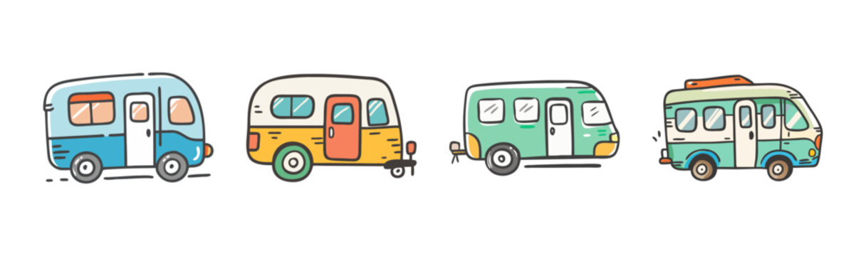Retro caravan camper van set, vintage travel trailer collection in hand drawn doodle style, 4 colorful camping vehicle icons for road trip graphics