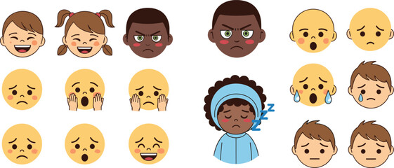 Obraz premium Diverse kids and emoji faces with different emotions vector set showing expressions like happy sad angry crying sleeping characters for education and psychology design