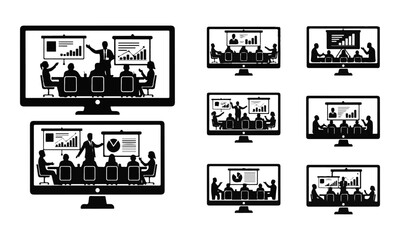 Fototapeta premium Collection of Black Silhouette Illustrations: Online Business Meetings, Video Conferences, and Presentations on Computer Monitors