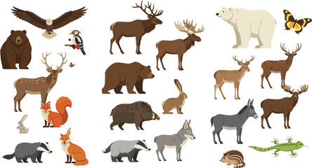 Fototapeta premium Forest animals vector set with bear deer fox wolf elk rabbit eagle and wildlife collection for nature design illustration isolated on white background