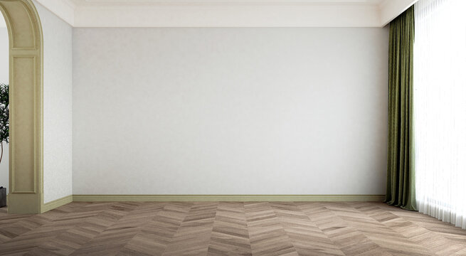 The modern empty living room interior and white pattern wall decoration.
