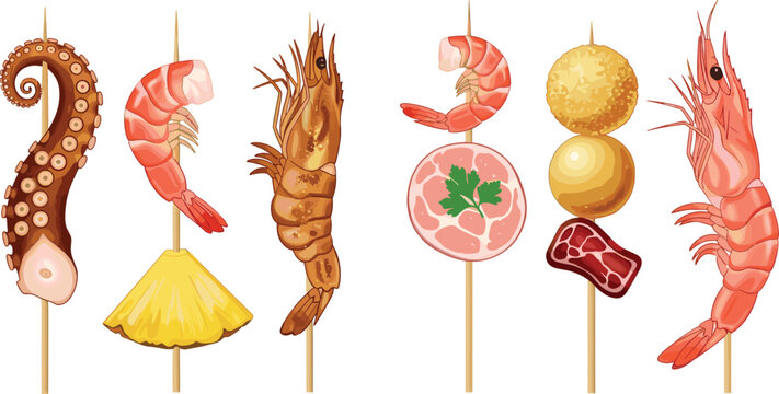 Grilled seafood skewers vector set with shrimp octopus meat and fried snacks street food collection isolated on white background for menu and restaurant design