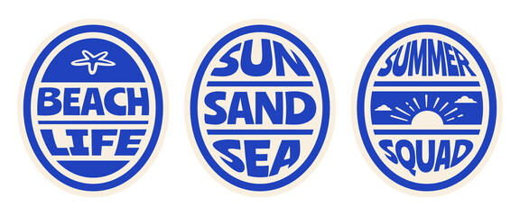 Set of Vintage Summer Beach rounded Badges Vector Illustrations with Quotes, Retro Tropical Vibes Sticker Design for T-Shirt Prints, Poster, Coastal Designs. © Whiskerz
