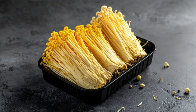 Close-up view of fresh enoki mushrooms inside a black container, arranged neatly on a dark, textured surface with scattered peppercorns