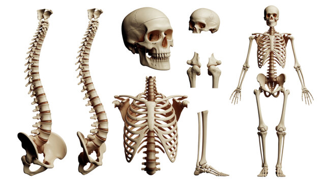 Detailed skeletal remains of a human and various animals arranged together Vector
