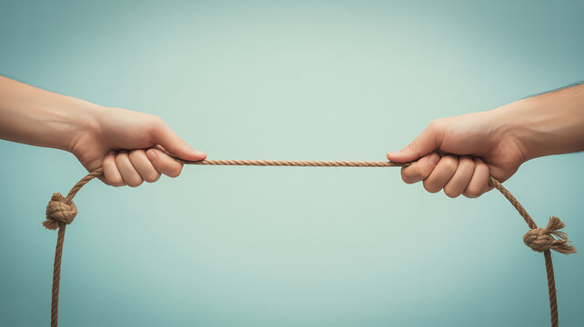 A minimalist photograph of two hands pulling on a thin brown rope against a light turquoise background