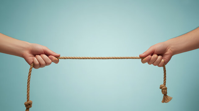 A minimalist photograph of two hands pulling on a thin brown rope against a light turquoise background