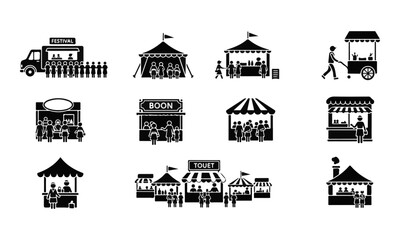 Naklejka premium Black Silhouette Market Stall, Food Truck, and Fair Booth Icons Vector Set