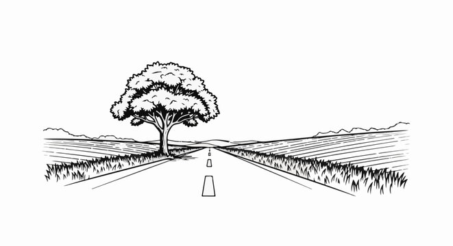 Open road through cultivated fields with lone tree under distant hills