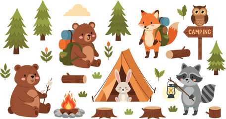 Fototapeta premium Cute Woodland Camping Animals Clipart Set with Bear, Fox, Bunny, Raccoon, Tent, Campfire, Trees, and Forest Adventure Elements