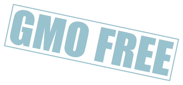 Hand drawn light blue GMO free label sticker design isolated on transparent background for organic food packaging 