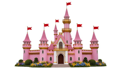 Pink fairytale castle with multiple turrets golden trim and vibrant red flags, isolated on transparent background for whimsical design elements © Julie