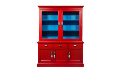 Obraz premium Elegant red wooden hutch with three drawers and glass-doored shelves displaying blue interior, isolated on transparent background for interior design projects