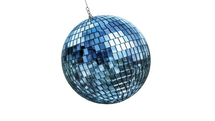 Fototapeta premium Shiny silver disco ball with numerous small mirror tiles reflecting blue sky and fluffy clouds, isolated on transparent background for party decorations