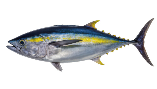 Vibrant yellowfin tuna swimming gracefully displaying its sleek silver body and distinctive fin markings, isolated on transparent background for seafood designs