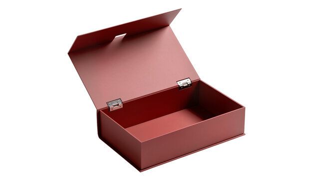 Elegant burgundy gift box with hinged lid slightly ajar revealing empty interior, isolated on transparent background for product mockups