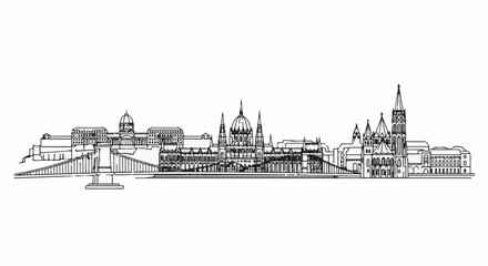 Fototapeta premium Detailed black and white line art sketch of a majestic cityscape with ornate buildings and a bridge