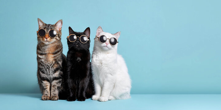 Three stylish cats &mdash; a striped, black, and white cat &mdash; are sitting side by side on a blue background, wearing round dark sunglasses and looking at the camera.