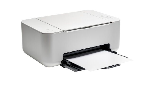 Modern gray inkjet printer with sleek rounded design and paper tray extended, isolated on transparent background for office equipment displays