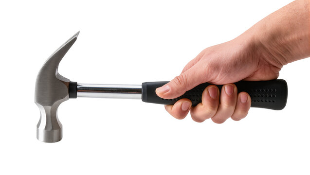 Human hand firmly gripping a silver claw hammer with a black rubber handle, isolated on transparent background for construction and DIY projects