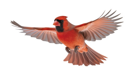 Vibrant male Northern Cardinal in mid-flight with outstretched wings displaying rich red plumage, isolated on transparent background for wildlife designs © Agata