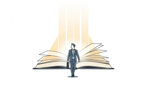 Businessman Walking Toward Glowing Scripture Book Faith Concept Vector