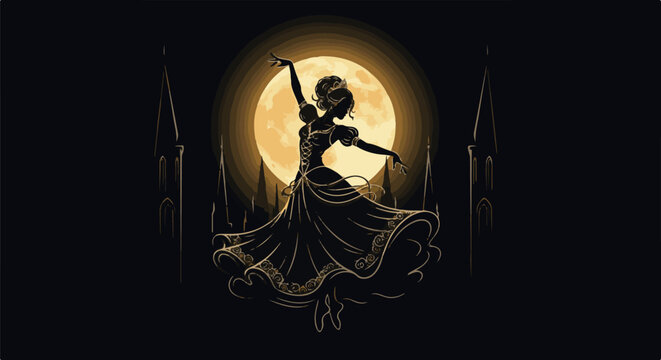 Silhouette of a dancer in a ballgown against a large, textured moon