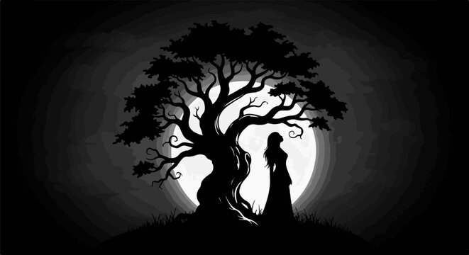 Silhouette of a woman beneath a gnarled tree against a full moon backdrop
