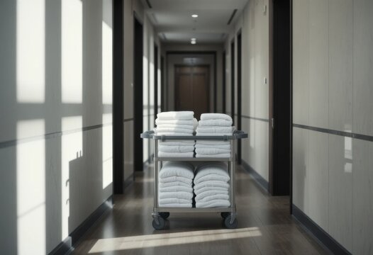 Housekeeping cart with folded towels in hotel corridor with natural light