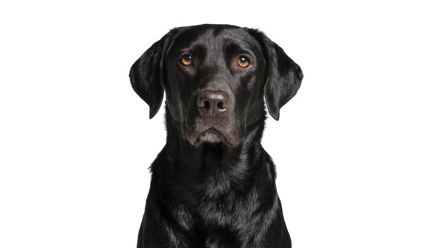 Majestic black Labrador Retriever dog with attentive amber eyes gazing forward with focused expression, isolated on transparent background for pet portraits