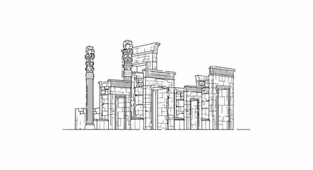 Obraz premium Architectural line art sketch of ancient ruins with tall pillars and stone walls