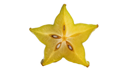 Fototapeta premium Ripe starfruit cut in half revealing juicy yellow segments and dark brown seeds, isolated on transparent background for tropical food designs