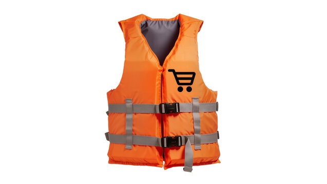 Bright orange life vest with reflective silver straps and buckles featuring a black shopping cart logo, isolated on transparent background for safety concepts